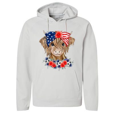 Highland Cow 4th Of July American Flag Independence Day Performance Fleece Hoodie