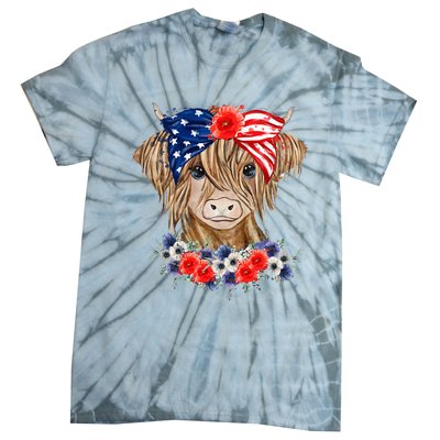 Highland Cow 4th Of July American Flag Independence Day Tie-Dye T-Shirt