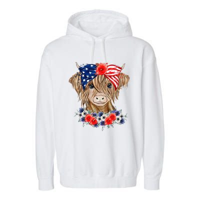 Highland Cow 4th Of July American Flag Independence Day Garment-Dyed Fleece Hoodie