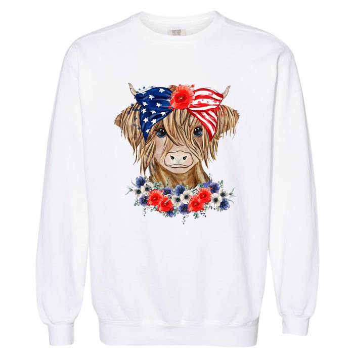 Highland Cow 4th Of July American Flag Independence Day Garment-Dyed Sweatshirt