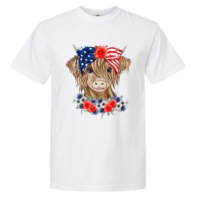 Highland Cow 4th Of July American Flag Independence Day Garment-Dyed Heavyweight T-Shirt