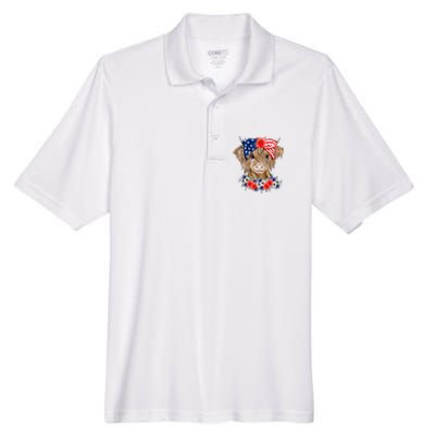 Highland Cow 4th Of July American Flag Independence Day Men's Origin Performance Pique Polo