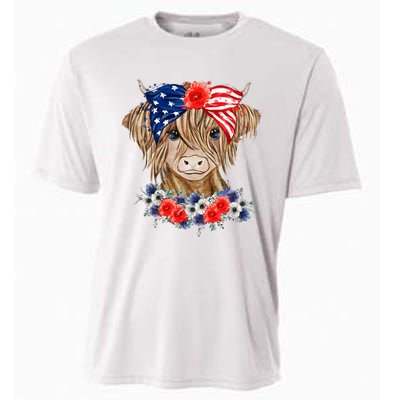 Highland Cow 4th Of July American Flag Independence Day Cooling Performance Crew T-Shirt