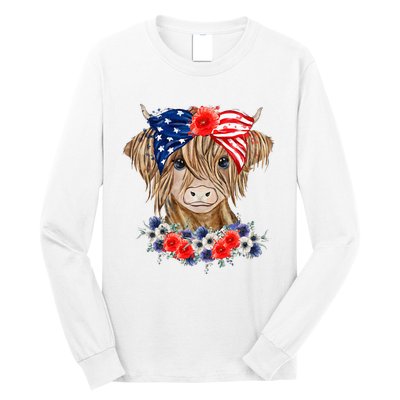 Highland Cow 4th Of July American Flag Independence Day Long Sleeve Shirt