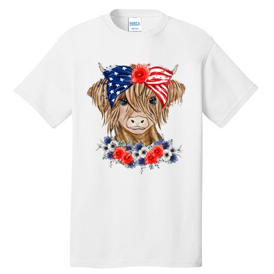 Highland Cow 4th Of July American Flag Independence Day Tall T-Shirt