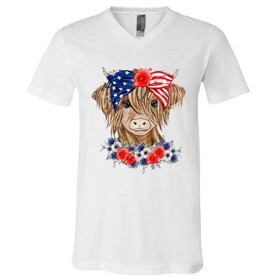 Highland Cow 4th Of July American Flag Independence Day V-Neck T-Shirt