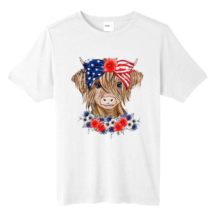 Highland Cow 4th Of July American Flag Independence Day Tall Fusion ChromaSoft Performance T-Shirt