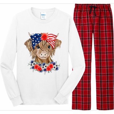 Highland Cow 4th Of July American Flag Independence Day Long Sleeve Pajama Set