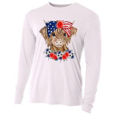 Highland Cow 4th Of July American Flag Independence Day Cooling Performance Long Sleeve Crew