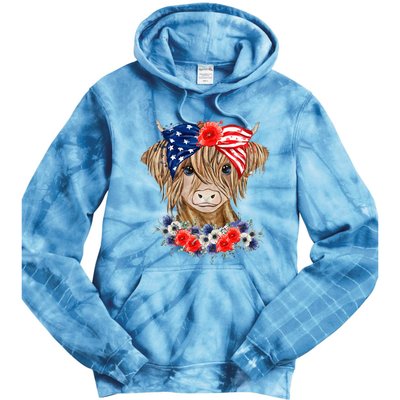 Highland Cow 4th Of July American Flag Independence Day Tie Dye Hoodie