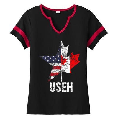 Half Canadian American Useh Canada Usa Flag United States Ladies Halftime Notch Neck Tee