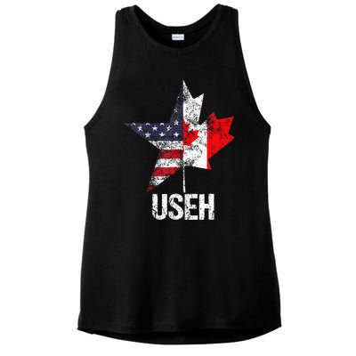 Half Canadian American Useh Canada Usa Flag United States Ladies PosiCharge Tri-Blend Wicking Tank