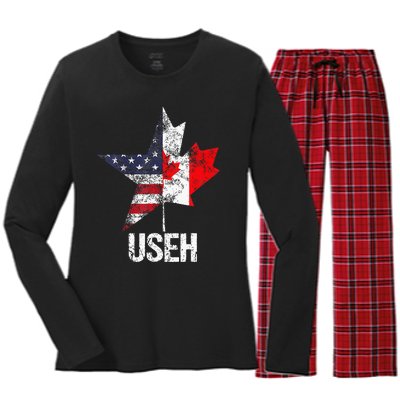 Half Canadian American Useh Canada Usa Flag United States Women's Long Sleeve Flannel Pajama Set 