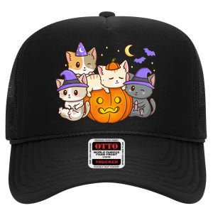 Halloween Cats Anime Cat Kawaii Neko Pumpkin Cat Lover Witch High Crown Mesh Back Trucker Hat