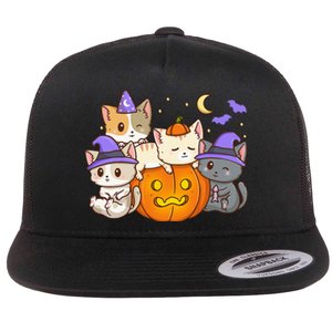 Halloween Cats Anime Cat Kawaii Neko Pumpkin Cat Lover Witch Flat Bill Trucker Hat