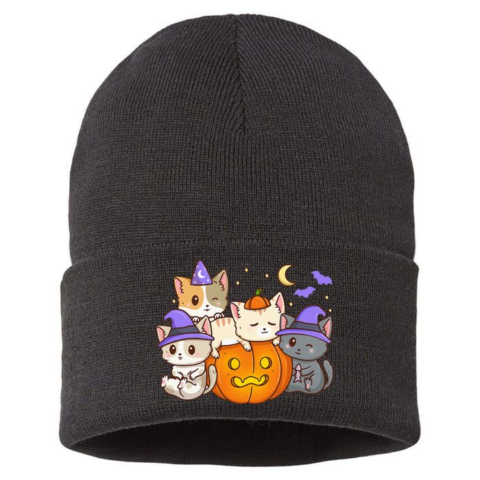 Halloween Cats Anime Cat Kawaii Neko Pumpkin Cat Lover Witch Sustainable Knit Beanie