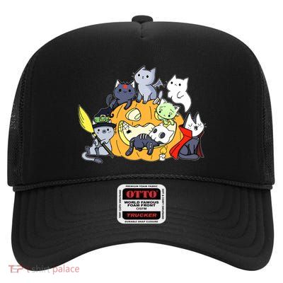 Halloween Cats Anime Cat Kawaii Neko Pumpkin Cat Lover Halloween High Crown Mesh Back Trucker Hat