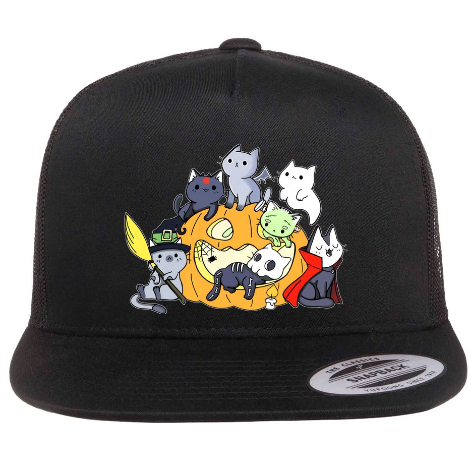 Halloween Cats Anime Cat Kawaii Neko Pumpkin Cat Lover Halloween Flat Bill Trucker Hat