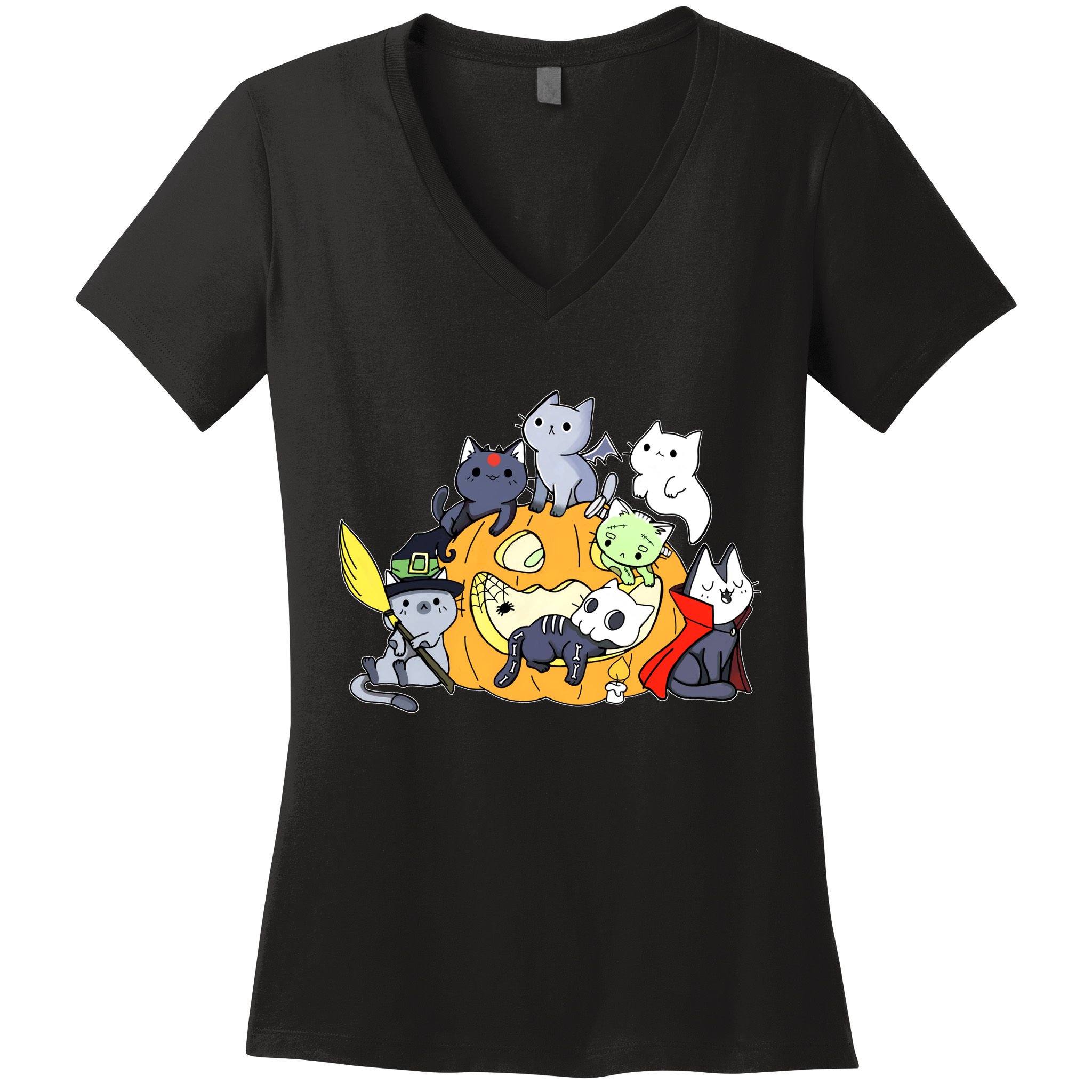 Halloween Cats Anime Cat Kawaii Neko Pumpkin Cat Lover Halloween Women's V-Neck T-Shirt