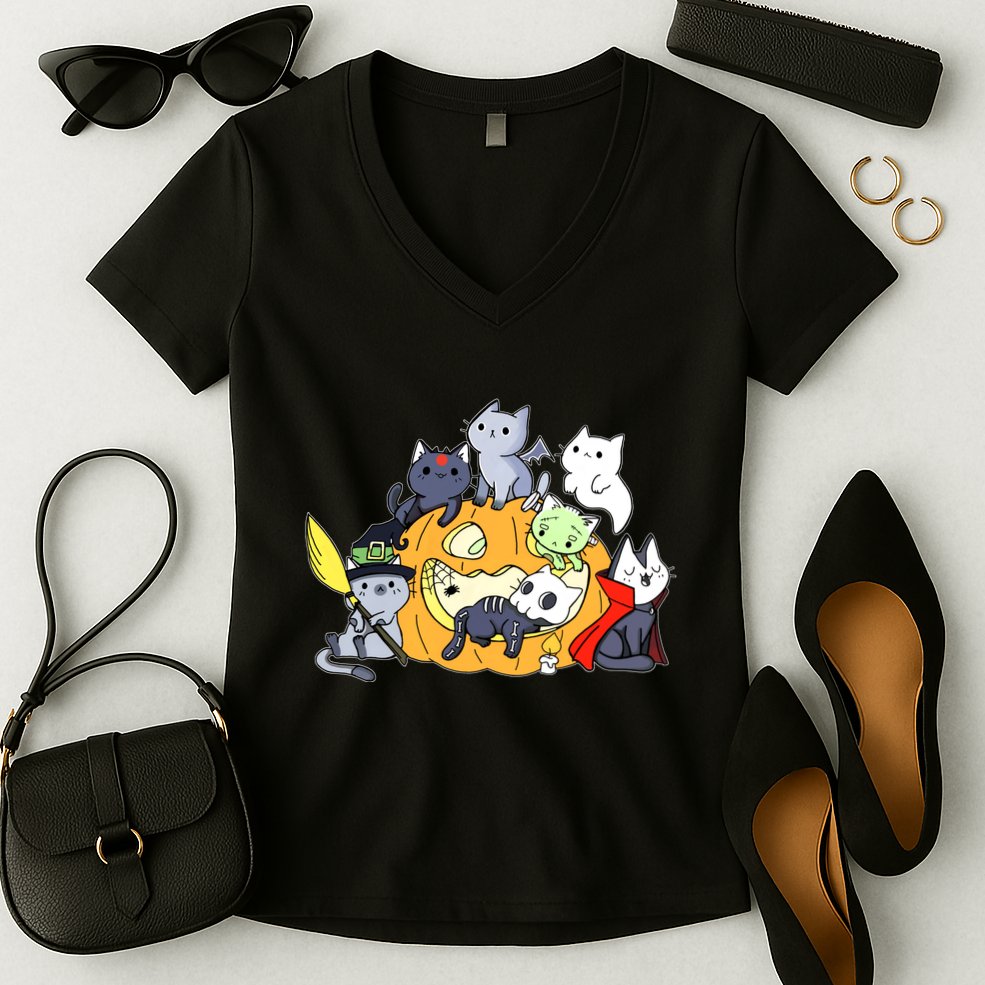 Halloween Cats Anime Cat Kawaii Neko Pumpkin Cat Lover Halloween Women's V-Neck T-Shirt