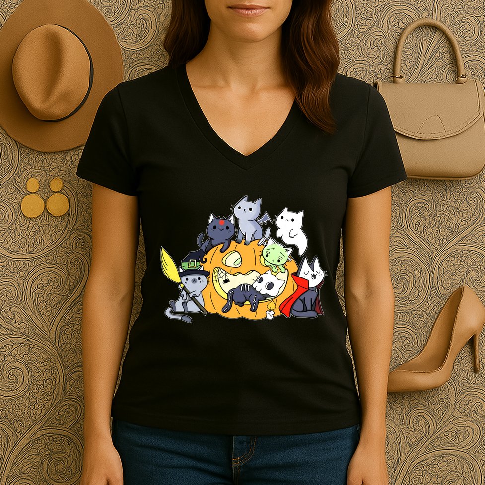 Halloween Cats Anime Cat Kawaii Neko Pumpkin Cat Lover Halloween Women's V-Neck T-Shirt
