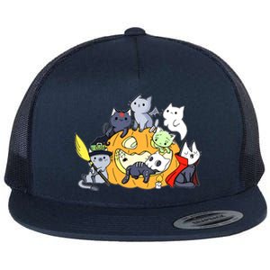 Halloween Cats Anime Cat Kawaii Neko Pumpkin Cat Lover Halloween Flat Bill Trucker Hat