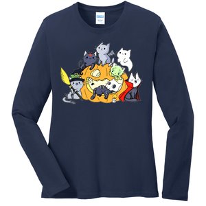 Halloween Cats Anime Cat Kawaii Neko Pumpkin Cat Lover Halloween Ladies Long Sleeve Shirt