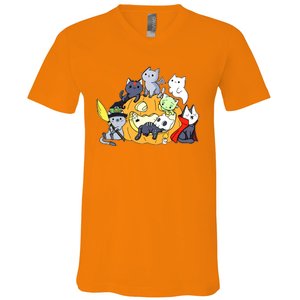 Halloween Cats Anime Cat Kawaii Neko Pumpkin Cat Lover Halloween V-Neck T-Shirt