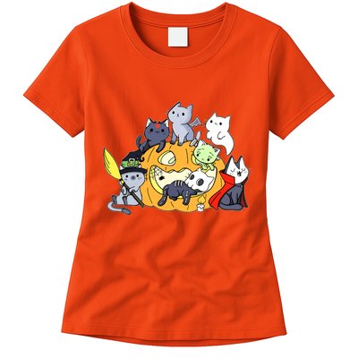 Halloween Cats Anime Cat Kawaii Neko Pumpkin Cat Lover Halloween Womens T-Shirt