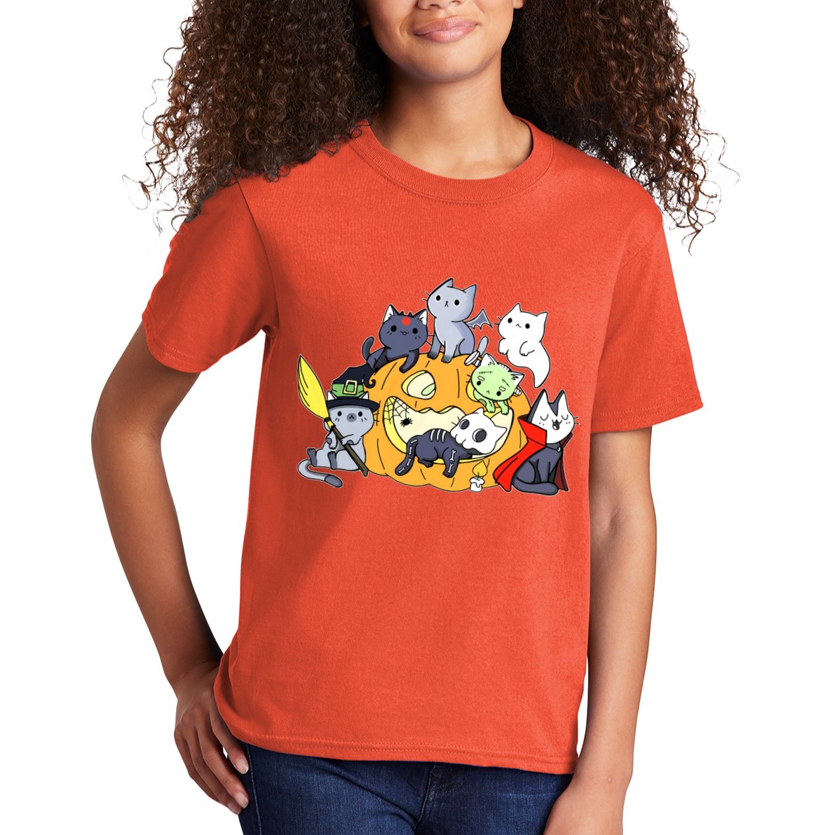 Halloween Cats Anime Cat Kawaii Neko Pumpkin Cat Lover Halloween Kids T-Shirt