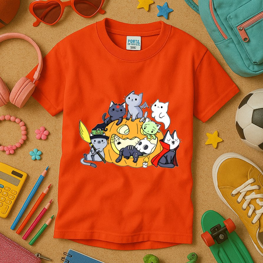 Halloween Cats Anime Cat Kawaii Neko Pumpkin Cat Lover Halloween Kids T-Shirt