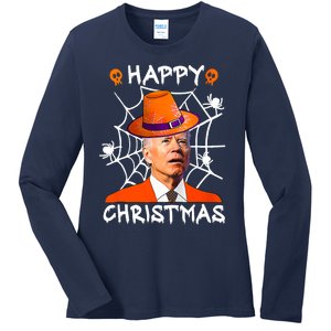 Happy Christmas Anti Joe Biden Pumpkin Halloween Spooky Ladies Long Sleeve Shirt