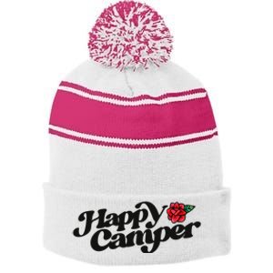 Happy Camper Artwork Red Rose Floral Designs Cute Gift Stripe Pom Pom Beanie