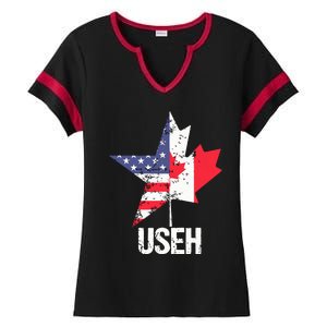 Half Canadian American Useh Canada Usa Flag United States Ladies Halftime Notch Neck Tee