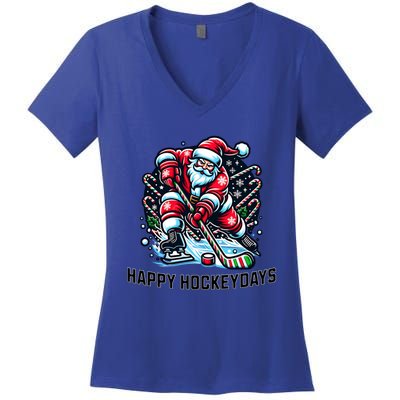 Hockey Christmas And Holidays And Xmas Funny Santa Gift Women's V-Neck T-Shirt