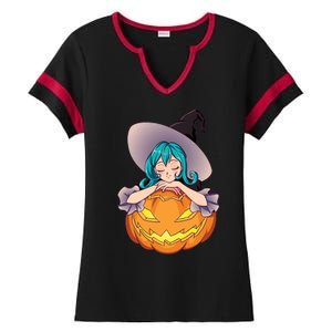 Halloween Cute Anime Witch Pumpkin Ladies Halftime Notch Neck Tee