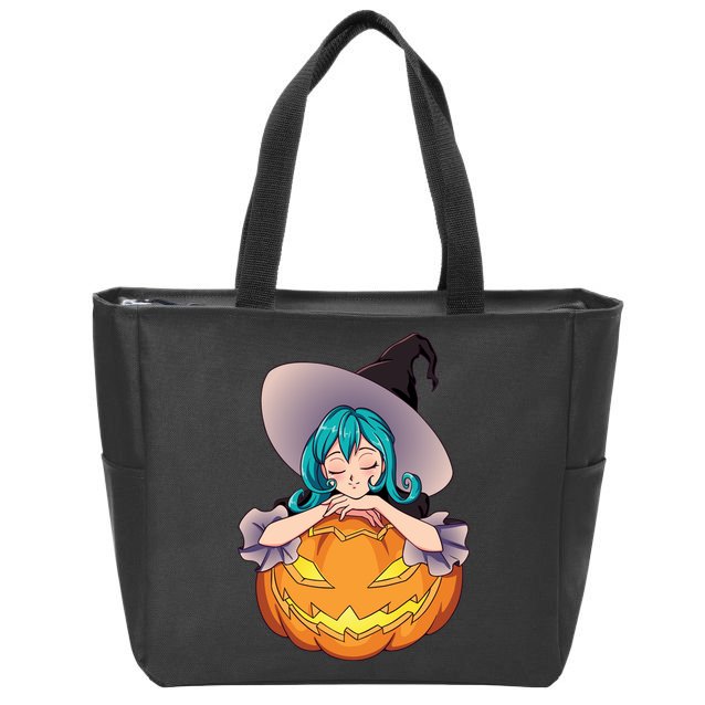Halloween Cute Anime Witch Pumpkin Zip Tote Bag