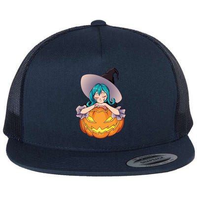 Halloween Cute Anime Witch Pumpkin Flat Bill Trucker Hat