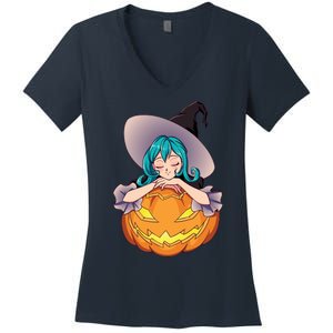 Halloween Cute Anime Witch Pumpkin Women's V-Neck T-Shirt