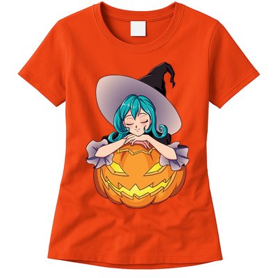 Halloween Cute Anime Witch Pumpkin Womens T-Shirt