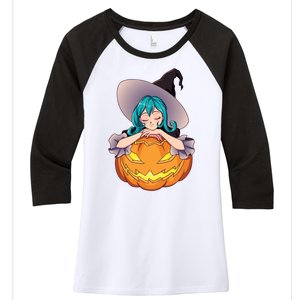 Halloween Cute Anime Witch Pumpkin Women's Tri-Blend 3/4-Sleeve Raglan Shirt