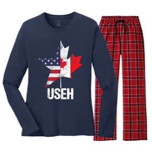 Half Canadian American USEH Canada USA Flag United States Women's Long Sleeve Flannel Pajama Set 