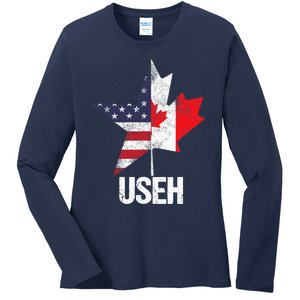 Half Canadian American USEH Canada USA Flag United States Ladies Long Sleeve Shirt