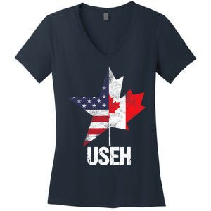 Half Canadian American USEH Canada USA Flag United States Women's V-Neck T-Shirt