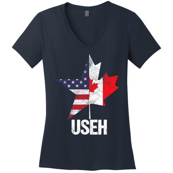 Half Canadian American USEH Canada USA Flag United States Women's V-Neck T-Shirt