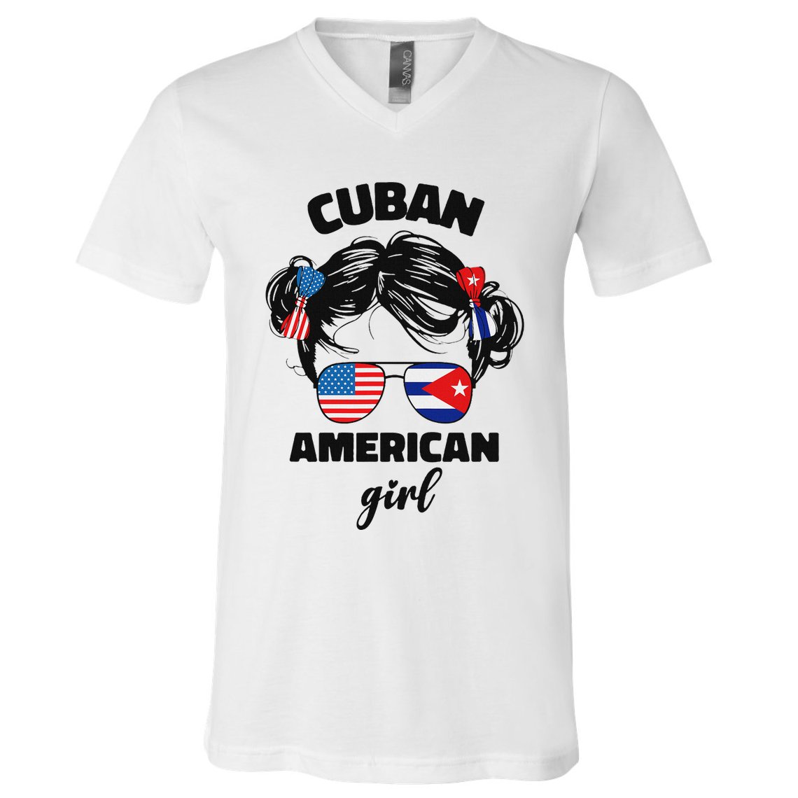 Half Cuban And American America Cuba Usa Flag Girl Cute V-Neck T-Shirt