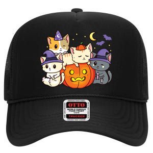 Halloween Cats Anime Cat Kawaii Neko Pumpkin Cat Lover Witch High Crown Mesh Back Trucker Hat