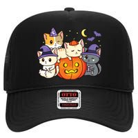 Halloween Cats Anime Cat Kawaii Neko Pumpkin Cat Lover Witch High Crown Mesh Back Trucker Hat