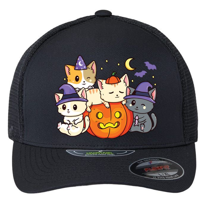 Halloween Cats Anime Cat Kawaii Neko Pumpkin Cat Lover Witch Flexfit Unipanel Trucker Cap