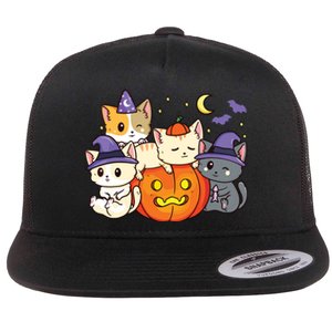 Halloween Cats Anime Cat Kawaii Neko Pumpkin Cat Lover Witch Flat Bill Trucker Hat